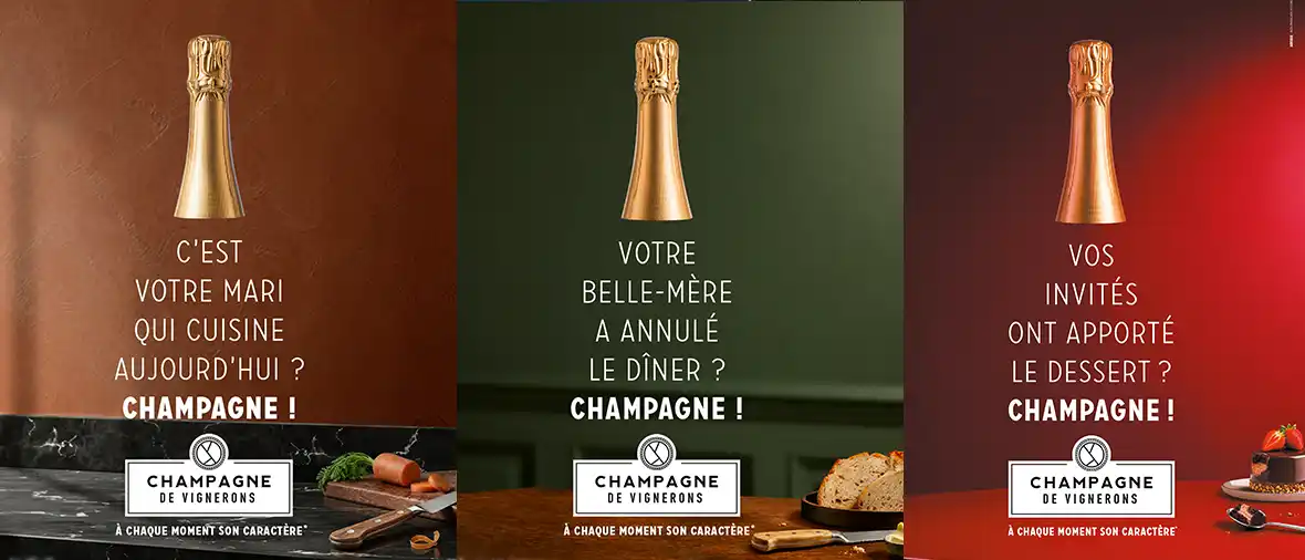 Affichage de la campagne Champagne de Vignerons : « Votre burger ressemble à la photo ? Champagne ! »